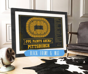 20" x 16" / Black Frame & Mat Cutler West Pittsburgh Penguins PPG Paints Arena Seating Chart - Vintage Hockey Team Color Print