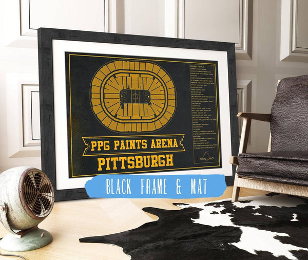 20" x 16" / Black Frame & Mat Cutler West Pittsburgh Penguins PPG Paints Arena Seating Chart - Vintage Hockey Team Color Print