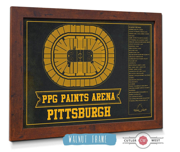 20" x 16" / Walnut Frame Cutler West Pittsburgh Penguins PPG Paints Arena Seating Chart - Vintage Hockey Team Color Print