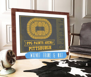 20" x 16" / Walnut Frame & Mat Cutler West Pittsburgh Penguins PPG Paints Arena Seating Chart - Vintage Hockey Team Color Print