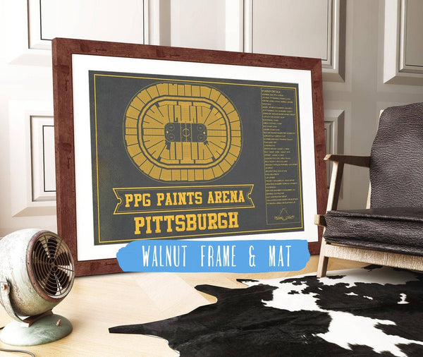 20" x 16" / Walnut Frame & Mat Cutler West Pittsburgh Penguins PPG Paints Arena Seating Chart - Vintage Hockey Team Color Print