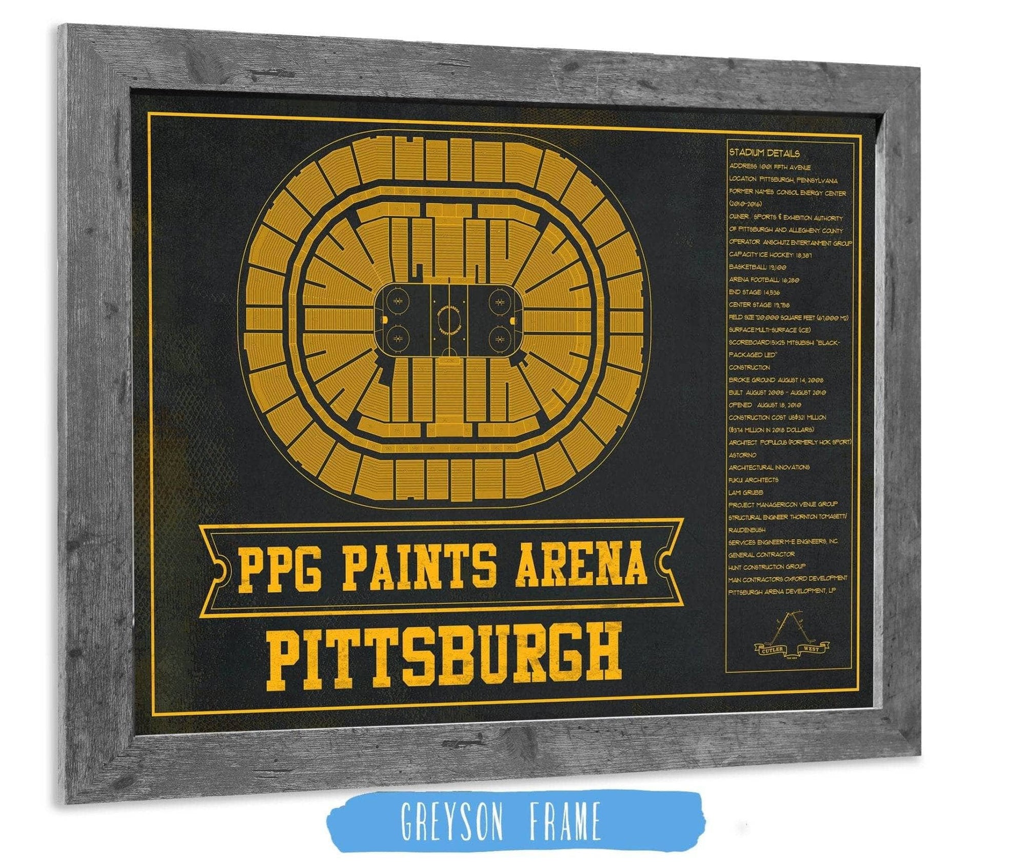 Cutler West 14" x 11" / Greyson Frame Pittsburgh Penguins PPG Paints Arena Seating Chart - Vintage Hockey Team Color Print 659983736-TEAM