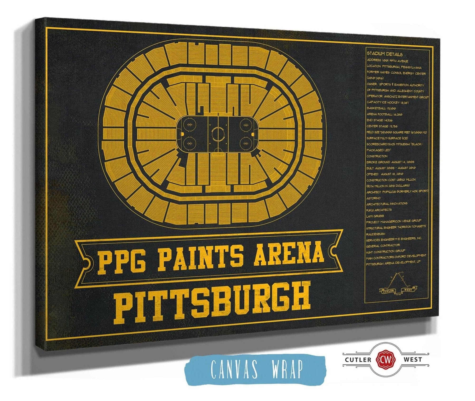 Cutler West 14" x 11" / Stretched Canvas Wrap Pittsburgh Penguins PPG Paints Arena Seating Chart - Vintage Hockey Team Color Print 659983736-TEAM