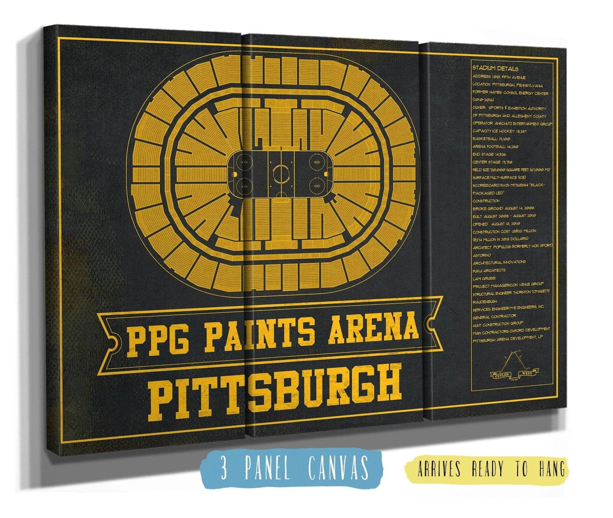 Cutler West 48" x 32" / 3 Panel Canvas Wrap Pittsburgh Penguins PPG Paints Arena Seating Chart - Vintage Hockey Team Color Print 659983736-TEAM