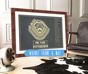 20" x 16" / Walnut Frame & Mat Cutler West Pittsburgh Pirates - PNC Park Vintage Seating Chart Baseball Print