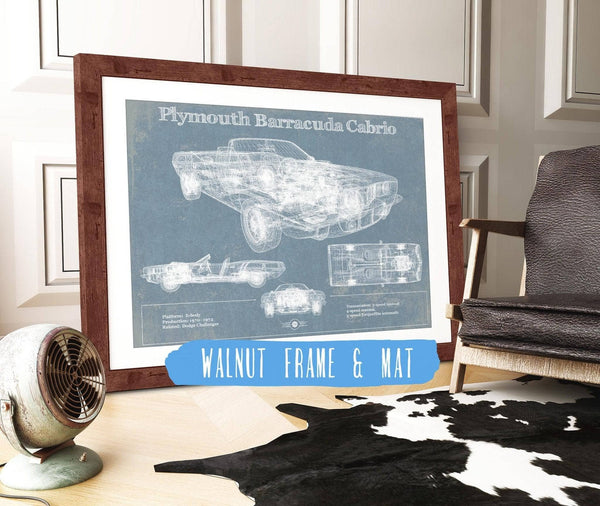 20" x 16" / Walnut Frame & Mat Cutler West Plymouth Barracuda Cabrio Blueprint Vintage Auto Print
