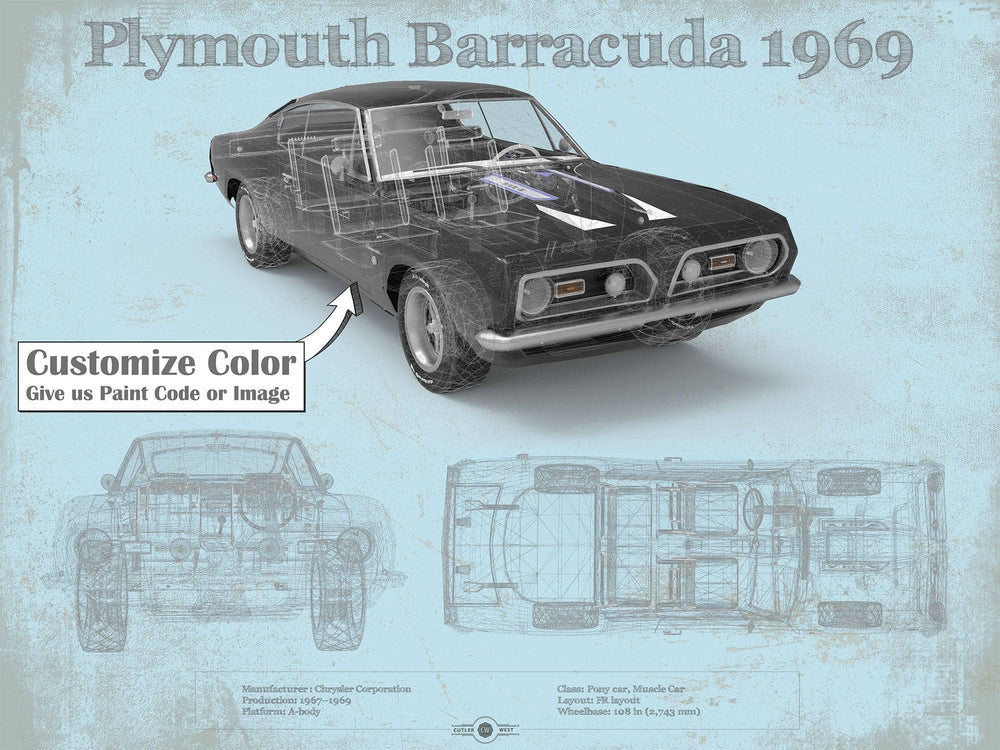 14" x 11" / Stretched Canvas Wrap Cutler West Plymouth Barracuda Original Blueprint Art
