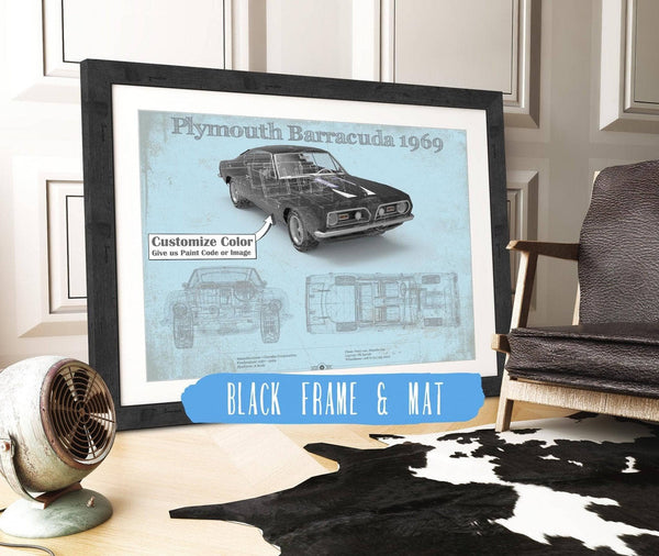 20" x 16" / Black Frame & Mat Cutler West Plymouth Barracuda Original Blueprint Art