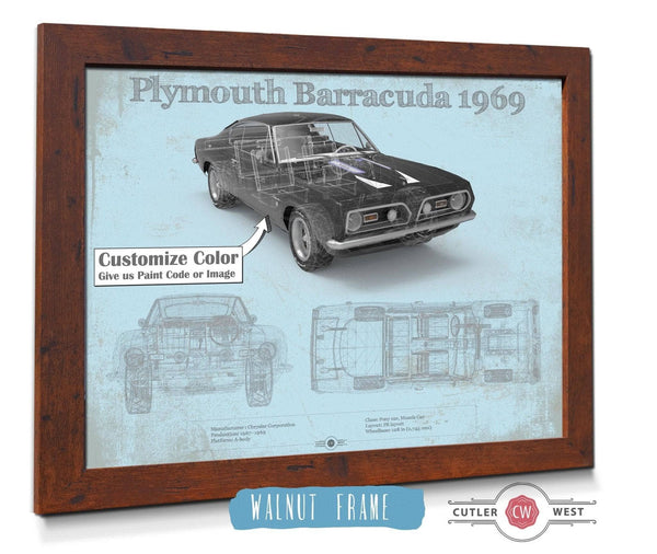 20" x 16" / Walnut Frame Cutler West Plymouth Barracuda Original Blueprint Art