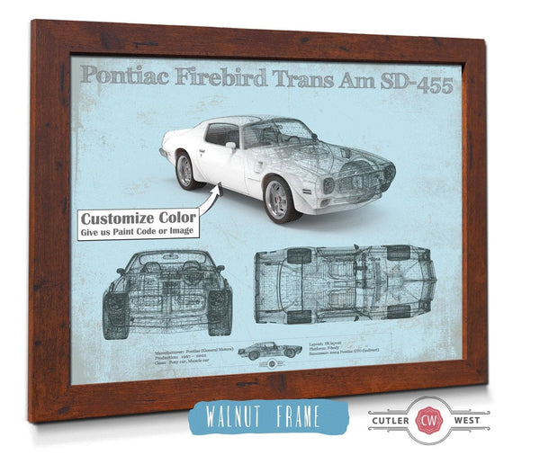 20" x 16" / Walnut Frame Cutler West Pontiac Firebird Trans Am SD 455 (1973) Vintage Auto Print