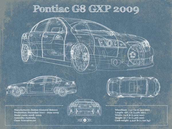 14" x 11" / Unframed Cutler West Pontiac G8 GXP 2009 Blueprint Vintage Auto Print