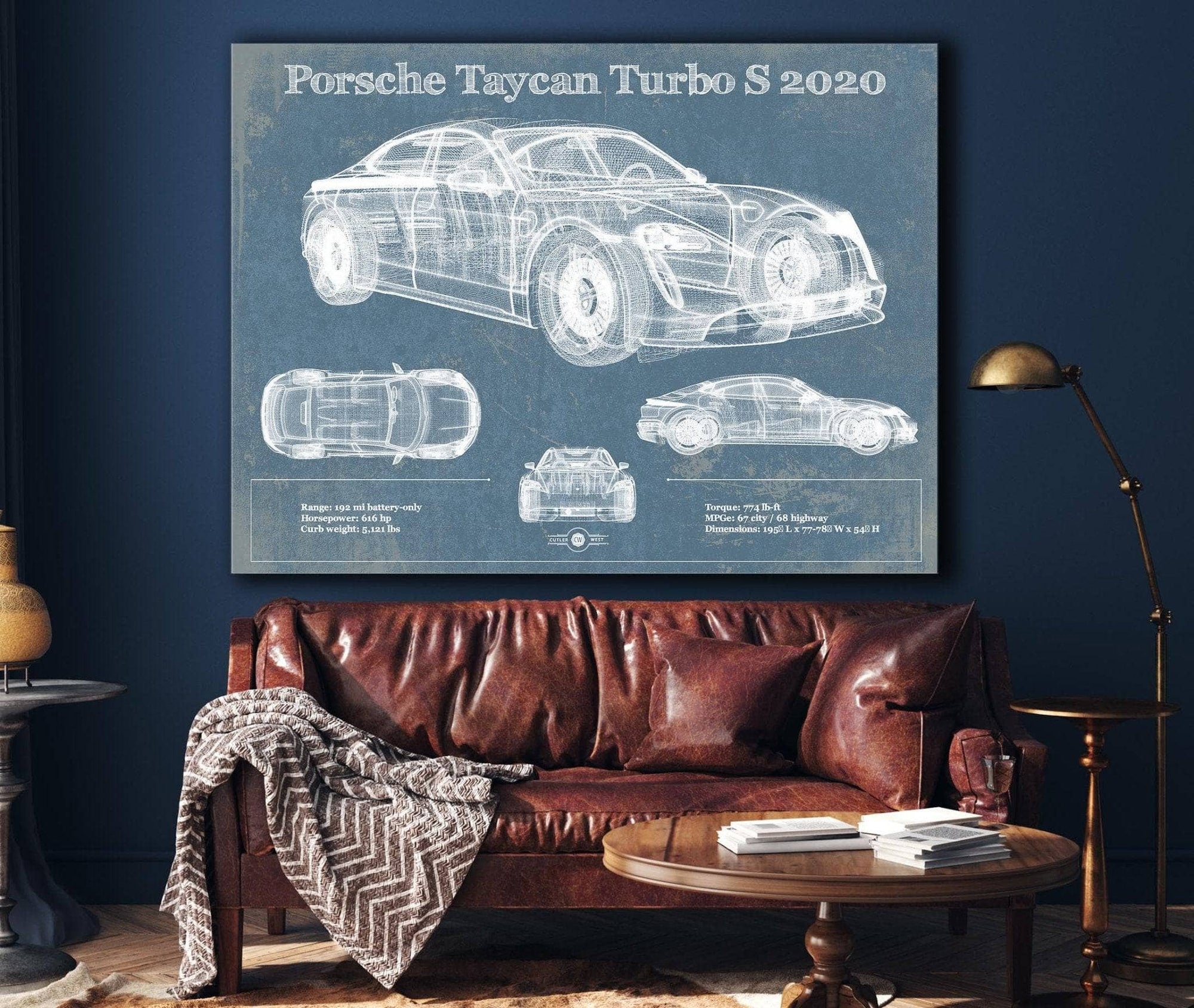 Cutler West Porsche Taycan Turbo S 2020 Vintage Blueprint Auto Print