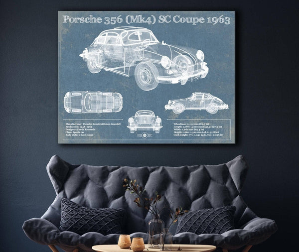 Cutler West Porsche 356 (Mk4) SC Coupe 1963 Vintage Blueprint Auto Print