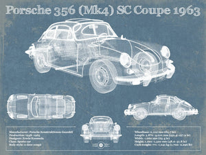 14" x 11" / Unframed Cutler West Porsche 356 (Mk4) SC Coupe 1963 Vintage Blueprint Auto Print