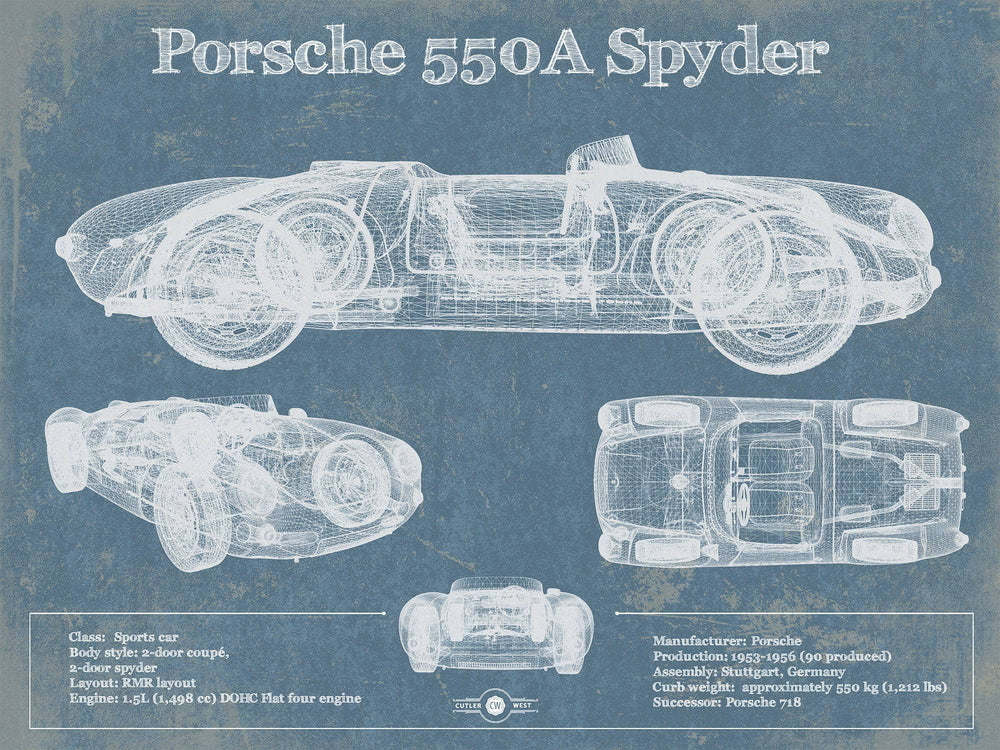 14" x 11" / Stretched Canvas Wrap Cutler West Porsche 550A Spyder Blueprint Vintage Auto Print