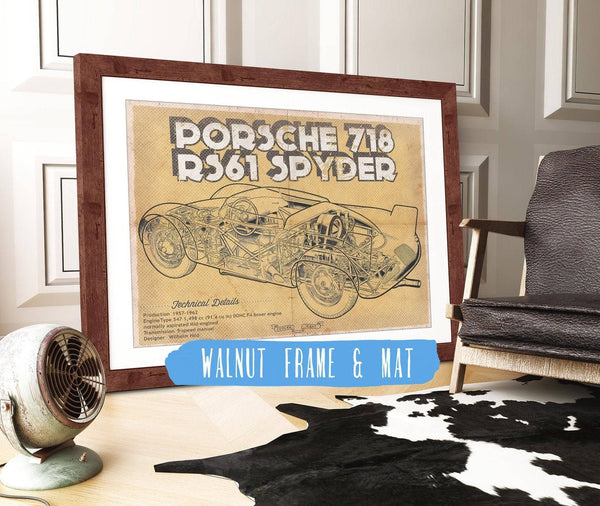 20" x 16" / Walnut Frame & Mat Cutler West Porsche 718 Spyder Racing Sports Car Print