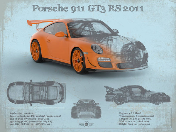 14" x 11" / Unframed Cutler West Porsche 911 GT3 RS 2011 Vintage Sports Car Print
