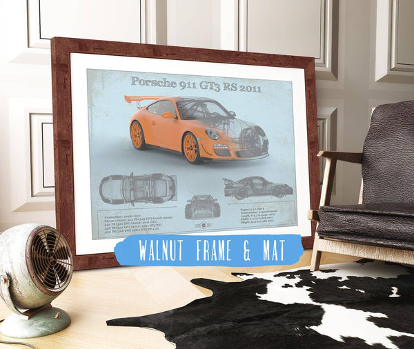 20" x 16" / Walnut Frame & Mat Cutler West Porsche 911 GT3 RS 2011 Vintage Sports Car Print