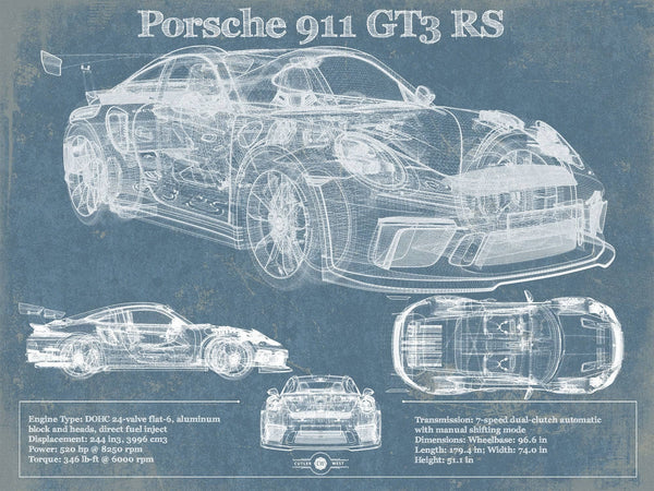 14" x 11" / Unframed Cutler West Porsche 911 GT3 RS Vintage Blueprint Auto Print