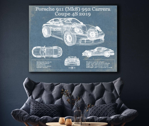 Cutler West Porsche 911 Mk8 992 Carrera Coupe 4s 2019 Vintage Blueprint Auto Print