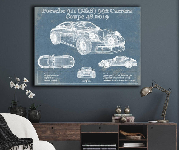 Cutler West Porsche 911 Mk8 992 Carrera Coupe 4s 2019 Vintage Blueprint Auto Print