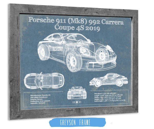Cutler West Porsche 911 Mk8 992 Carrera Coupe 4s 2019 Vintage Blueprint Auto Print