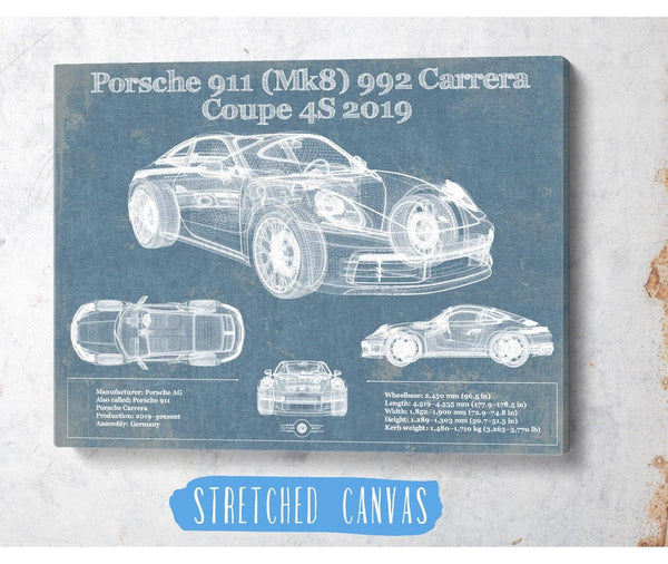 Cutler West Porsche 911 Mk8 992 Carrera Coupe 4s 2019 Vintage Blueprint Auto Print