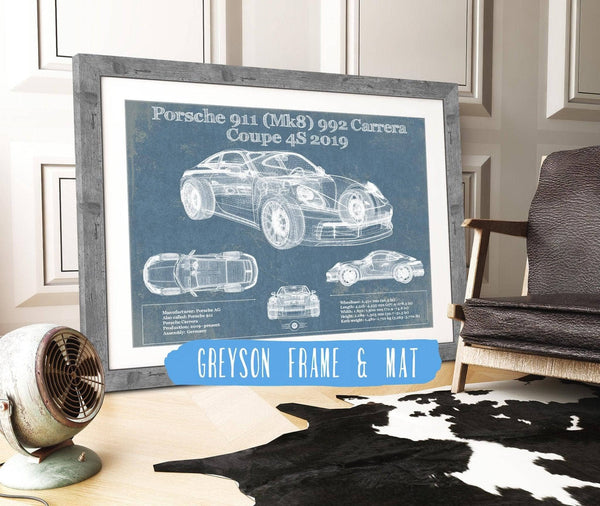 14" x 11" / Greyson Frame & Mat Cutler West Porsche 911 Mk8 992 Carrera Coupe 4s 2019 Vintage Blueprint Auto Print