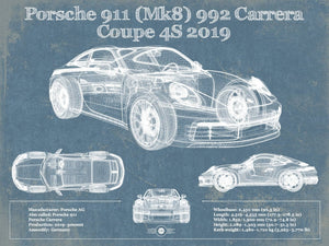 14" x 11" / Unframed Cutler West Porsche 911 Mk8 992 Carrera Coupe 4s 2019 Vintage Blueprint Auto Print