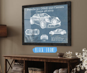 20" x 16" / Black Frame Cutler West Porsche 911 Mk8 992 Carrera Coupe 4s 2019 Vintage Blueprint Auto Print