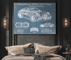 Cutler West Porsche 911 Mk8 992 Carrera Coupe Turbo S 2019 Vintage Blueprint Auto Print