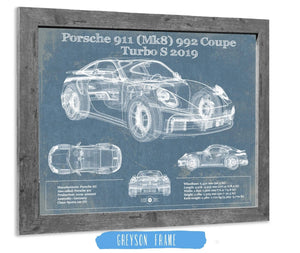 14" x 11" / Greyson Frame Cutler West Porsche 911 Mk8 992 Carrera Coupe Turbo S 2019 Vintage Blueprint Auto Print