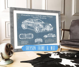 14" x 11" / Greyson Frame & Mat Cutler West Porsche 911 Mk8 992 Carrera Coupe Turbo S 2019 Vintage Blueprint Auto Print