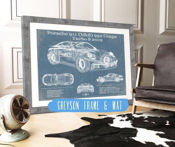 14" x 11" / Greyson Frame & Mat Cutler West Porsche 911 Mk8 992 Carrera Coupe Turbo S 2019 Vintage Blueprint Auto Print