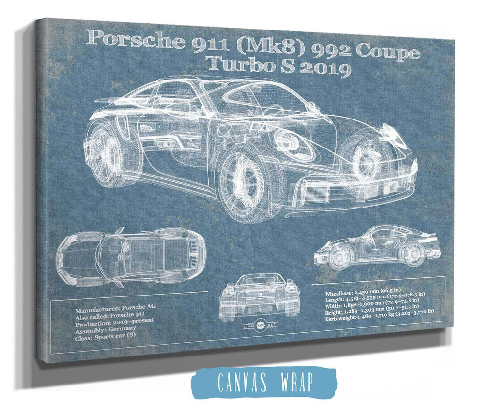 14" x 11" / Stretched Canvas Wrap Cutler West Porsche 911 Mk8 992 Carrera Coupe Turbo S 2019 Vintage Blueprint Auto Print
