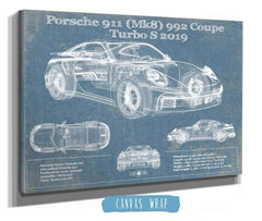 14" x 11" / Stretched Canvas Wrap Cutler West Porsche 911 Mk8 992 Carrera Coupe Turbo S 2019 Vintage Blueprint Auto Print