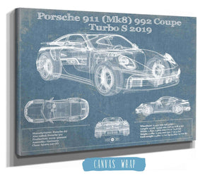 14" x 11" / Stretched Canvas Wrap Cutler West Porsche 911 Mk8 992 Carrera Coupe Turbo S 2019 Vintage Blueprint Auto Print