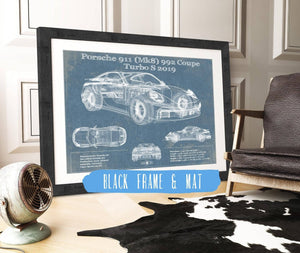20" x 16" / Black Frame & Mat Cutler West Porsche 911 Mk8 992 Carrera Coupe Turbo S 2019 Vintage Blueprint Auto Print