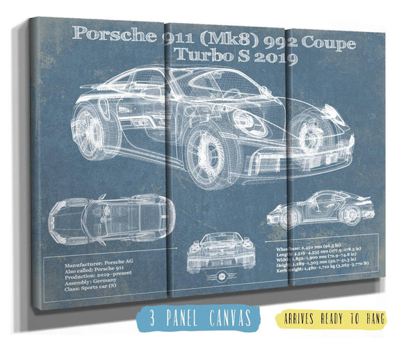 36" x 24" / 3 Panel Canvas Wrap Cutler West Porsche 911 Mk8 992 Carrera Coupe Turbo S 2019 Vintage Blueprint Auto Print