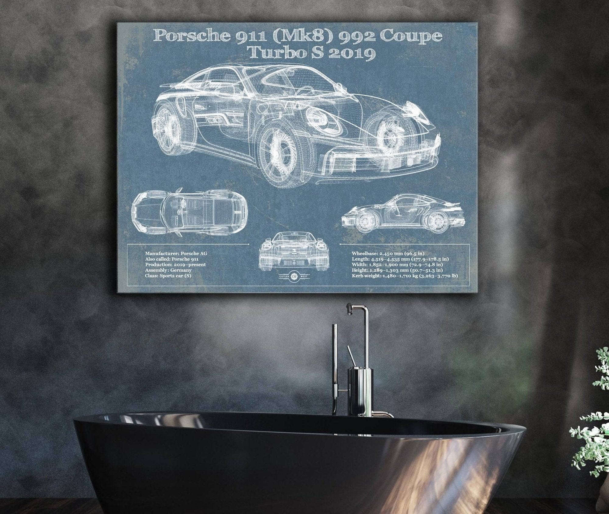 Cutler West Porsche Collection Porsche 911 Mk8 992 Carrera Coupe Turbo S 2019 Vintage Blueprint Auto Print