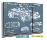 Cutler West Porsche Collection 48" x 32" / 3 Panel Canvas Wrap Porsche 911 Mk8 992 Carrera Coupe Turbo S 2019 Vintage Blueprint Auto Print 845000302_68537