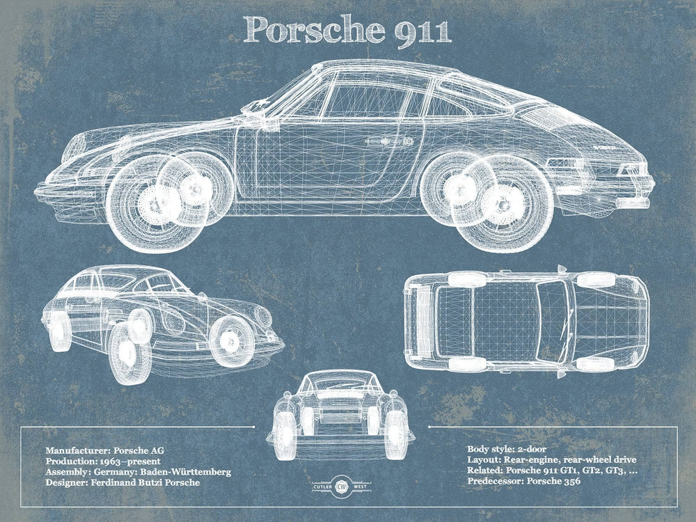 14" x 11" / Stretched Canvas Wrap Cutler West Porsche 911 Vintage Blueprint Auto Print