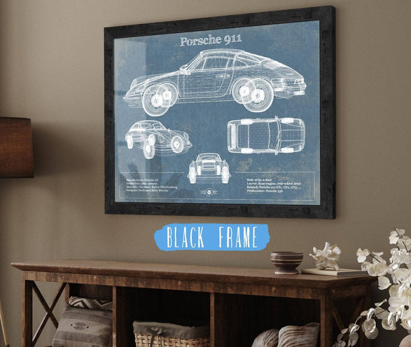 20" x 16" / Black Frame Cutler West Porsche 911 Vintage Blueprint Auto Print