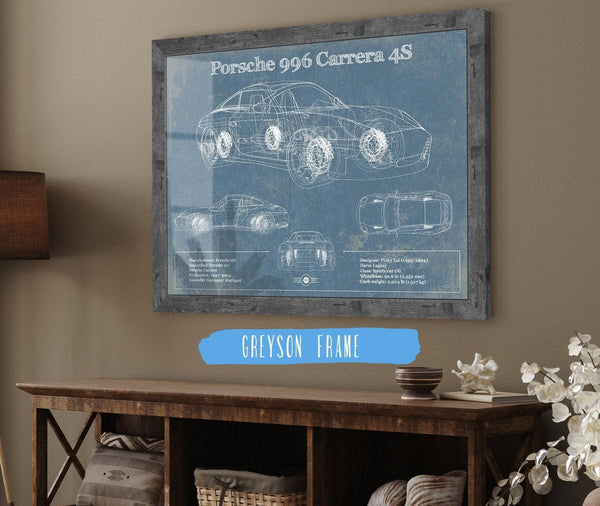 14" x 11" / Greyson Frame Cutler West Porsche 996 Carrera 4S Vintage Blueprint Auto Print
