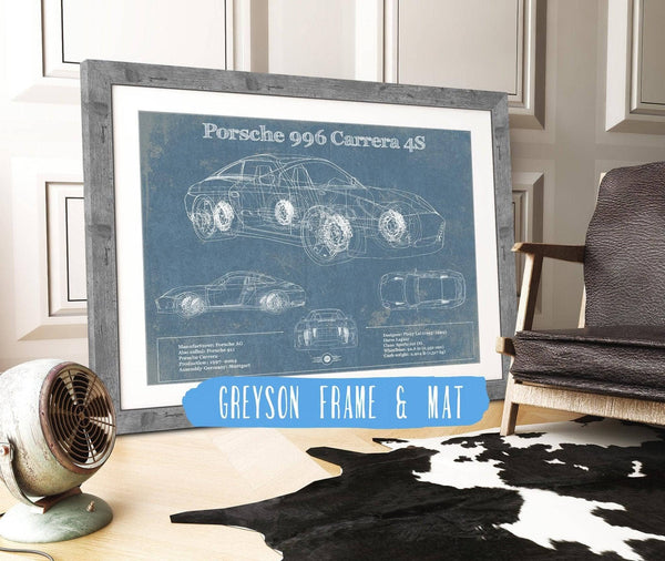 14" x 11" / Greyson Frame & Mat Cutler West Porsche 996 Carrera 4S Vintage Blueprint Auto Print