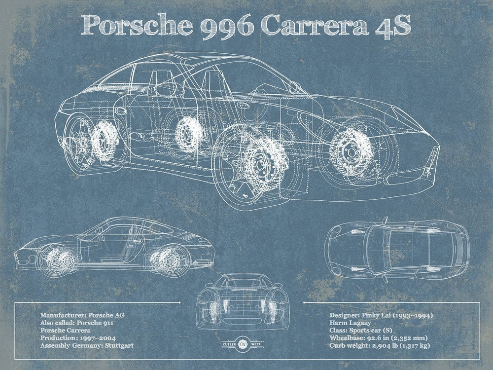 14" x 11" / Stretched Canvas Wrap Cutler West Porsche 996 Carrera 4S Vintage Blueprint Auto Print