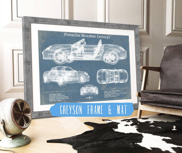 14" x 11" / Greyson Frame & Mat Cutler West Porsche Boxster (2004) Blueprint Vintage Auto Print