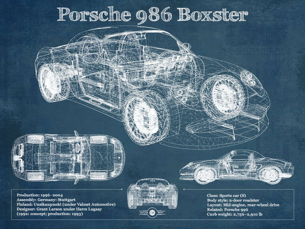14" x 11" / Stretched Canvas Wrap Cutler West Porsche Boxster (Type 986) Blueprint Vintage Auto Print