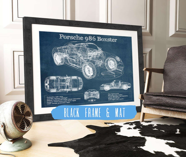 20" x 16" / Black Frame & Mat Cutler West Porsche Boxster (Type 986) Blueprint Vintage Auto Print