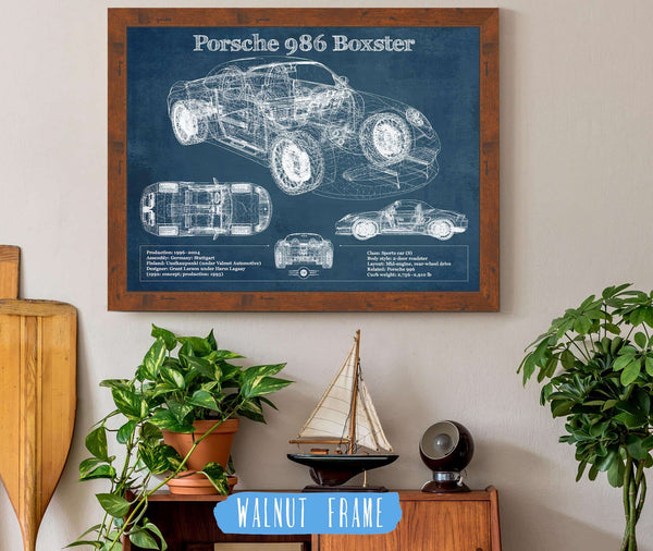 20" x 16" / Walnut Frame Cutler West Porsche Boxster (Type 986) Blueprint Vintage Auto Print